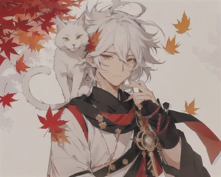 anime character with cat on shoulder and leaves in background, white haired deity, nagito komaeda, hajime yatate, inspired by Okumura Masanobu, white haired, handsome japanese demon boy, 🍁 cute, white-haired, Kazuha from genshin impact, white - haired fox,...