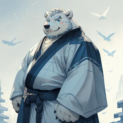 New Jersey 5 Furry，polar bear，portrait，standing solo，Exquisite， Chubby，Fat，Thick arms，Rugged muscles，White plush fur，Chubby脸，Black eyebrows，Sky blue eyes，Beard，Wang fu，King of the Qing Dynasty，robe，Smile