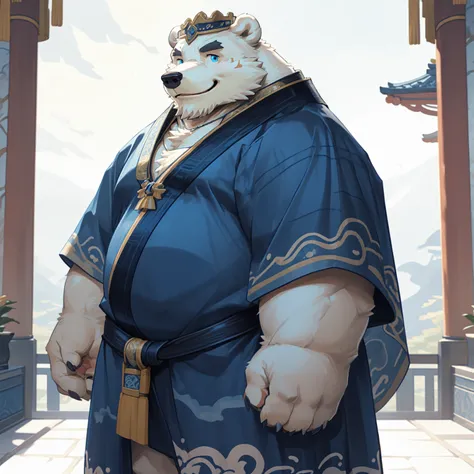 New Jersey 5 Furry，polar bear，portrait，standing solo，Exquisite， Chubby，Fat，Thick arms，Rugged muscles，White plush fur，Chubby脸，Black eyebrows，Sky blue eyes，Beard，Wang fu，palace，King of the Qing Dynasty，Royal robes，Smile