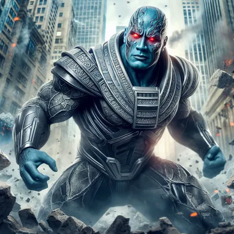 masterpiece, high quality, hyper detailed, intricade details,do the rock acting as xmen apocalypse,black lipstick, blue skin,apocalypse helmet,angry,furious,dynamic action,egyptian pyramid,technologic pyramid,desert,blue glowing eyes. super powerful,x-men ...