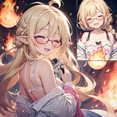 multiple views, ((watercolor style)), loli:1.5, baby face, solo, smile eyes, closed eyes, glossy blonde hair, braid, ahoge, long hair, glasses, ((pointy ears)), blush, face focus, white bra and white panty, happy smile, windy, off shoulder, open mouth, fro...