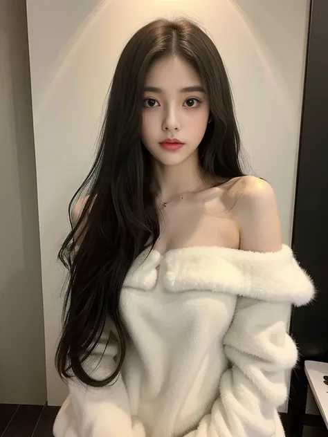 hair,,long hair,Lazy,Fluffy hair,random,Leisurely,dim lights,in the darkness,Be impatient,film,Atmosphere,eyes looking away,Charming expression,Off-shoulder,whole body,long legs,Thin legs,,焦點放在whole body,posing
