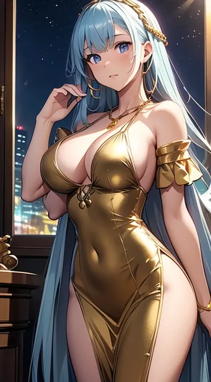 top-quality、Top image quality、MejiroArdan、​masterpiece、girl with((20yr old、Best Bust、big bast、Bust 85、Breasts wide open、A slender、Large valleys、Gold Bikini、Gold Dress,Leaning forward、Reflecting the whole body)）hiquality、Beautiful Art、Background with((Luxur...