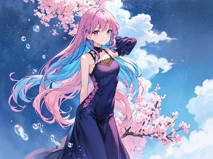 Navy Blue Dress, Light brown eyes, Beautiful fine details、 Shining Eyes, (((Pink-blue hair)))、Multicolored Hair、Inner Color、28歳woman、Shortcuts、1 girl、Big smile、Beautiful sky、8K background、Medium Chest、whole body、woman、((((Place your arms behind your back))...