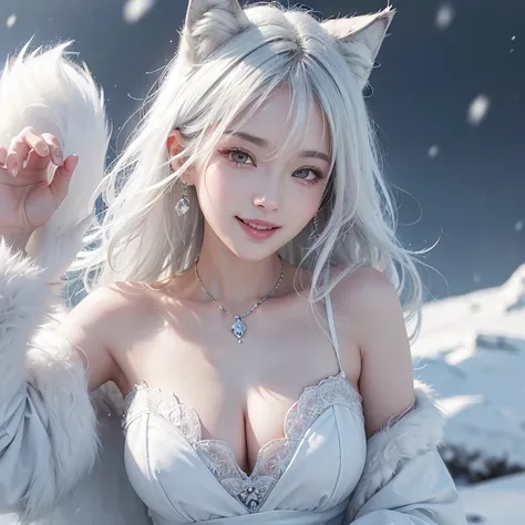 snowing mountain、white wolf、 ((highest quality、masterpiece、8k、best image quality、ultra high resolution、Award-winning work)、(accurate anatomy:1.1)、(look at me and smile:1.1)、Shining fair skin with ultra high resolution、most detailed face、ultra high resoluti...