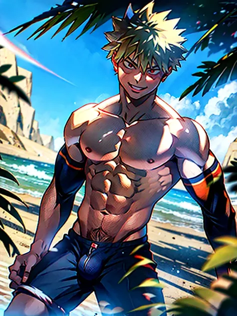 Obra maestra, mejor calidad, Obra maestra, calidad divina, arte divino, cara muy detallada, muy realista, en cuclillas, vista de camara baja, viendo a la camara, piernas abiertas, 1man, muscular man, young man, rubio, Bakugo Katsuki, boku no hero, ojos roj...