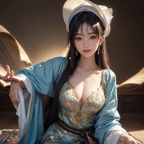 On the floating flying carpet in the desert 、Hair flows、 ((highest quality、masterpiece、8k、best image quality、ultra high resolution、Award-winning work)、(accurate anatomy:1.1)、(look at me and smile:1.1)、Shining fair skin with ultra high resolution、most detai...