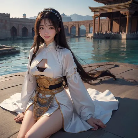 On the floating flying carpet in the desert 、Hair flows、 ((highest quality、masterpiece、8k、best image quality、ultra high resolution、Award-winning work)、(accurate anatomy:1.1)、(look at me and smile:1.1)、Shining fair skin with ultra high resolution、most detai...