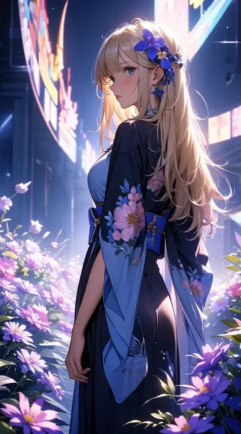 １people々々々,Blonde long-haired woman，Blue kimono， Dress Silhouette， Rear View，Space Sky, Flower Field，Colorful flowers，Fluttering petals，