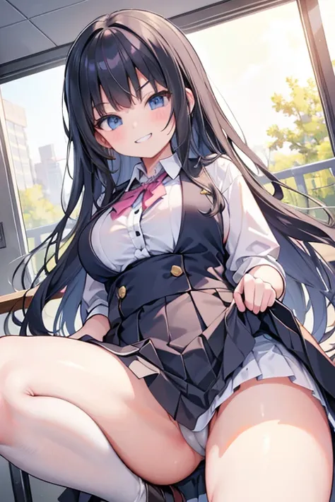 A busty junior high school girl with a mean grin lifts her skirt to show off her plump thighs