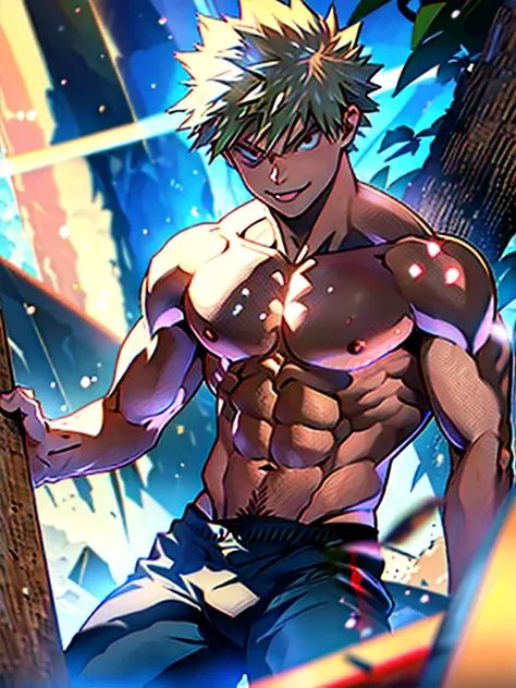 Obra maestra, mejor calidad, Obra maestra, calidad divina, arte divino, cara muy detallada, muy realista, en cuclillas, hincados, vista de camara baja, viendo a la camara, piernas abiertas, 1man, muscular man, young man, rubio, Bakugo Katsuki, boku no hero...