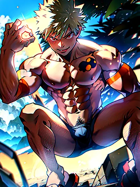 Obra maestra, mejor calidad, Obra maestra, calidad divina, arte divino, cara muy detallada, muy realista, en cuclillas, hincados, vista de camara baja, viendo a la camara, piernas abiertas, 1man, muscular man, young man, rubio, Bakugo Katsuki, boku no hero...