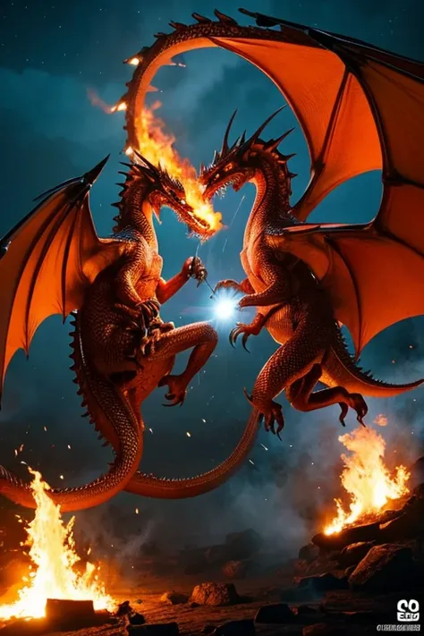 Two giant fire-breathing dragons fighting