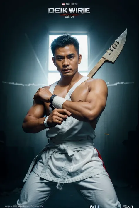 a movie poster with text word (wiro sableng) same text word, featuring full HD logo and dolby digital logo, a indonesian young man wearing white colors karate costume with headdresses , holding a axe with carving text word (212), action pose movie scene, b...