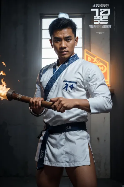 a movie poster with text word (wiro sableng) same text word, featuring full HD logo and dolby digital logo, a indonesian young man wearing white colors karate costume with headdresses , holding a axe with carving text word (212), action pose movie scene, b...