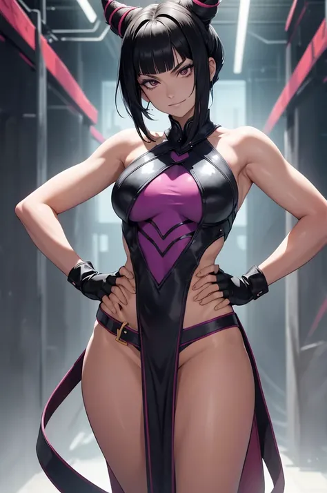 raios de luz,juri han,belo corpo,mulher jovem,short black hair , badass , colan,May,coxas torneadas,Evil Smile,juri han,chifres de cabelo,detalhes do corpo,low yellow lighting,raios de luz belo corpo detalhado
