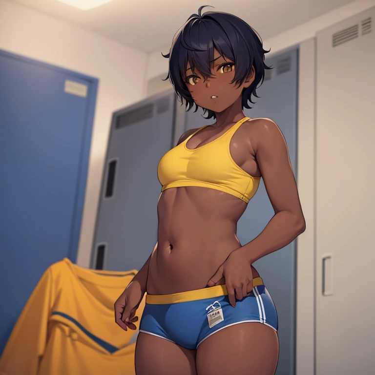 1girl, tomboy, dark skin, chubby, short hair, yellow sportsbra, midriff, blue panties, low angle, full body view, locker room