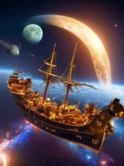 there is a ship that is floating in the air near a moon, 1 Pirate ship in space, at night, floating in front of the nebula, floating!!! In the nebula, gaff schooner with golden sails, space ship in space, An incredibly huge pirate ship, Picard on the starb...