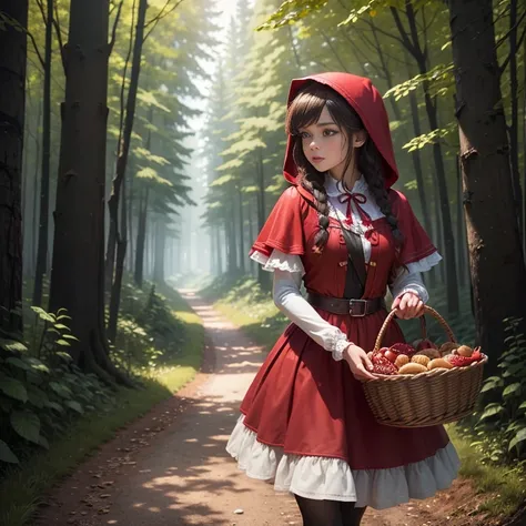 based on the fairy tale "Little Red Riding Hood", a beautiful girl in a red riding hood walks along a forest path in France, a basket of pies in one hand, a Kalashnikov assault rifle in the other, depth of field, sideways, bright saturated colors, extremel...