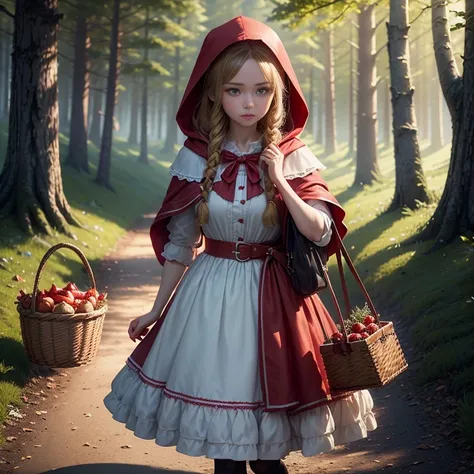 based on the fairy tale "Little Red Riding Hood", a beautiful girl in a red riding hood walks along a forest path in France, a basket of pies in one hand, a Kalashnikov assault rifle in the other, depth of field, sideways, bright saturated colors, extremel...