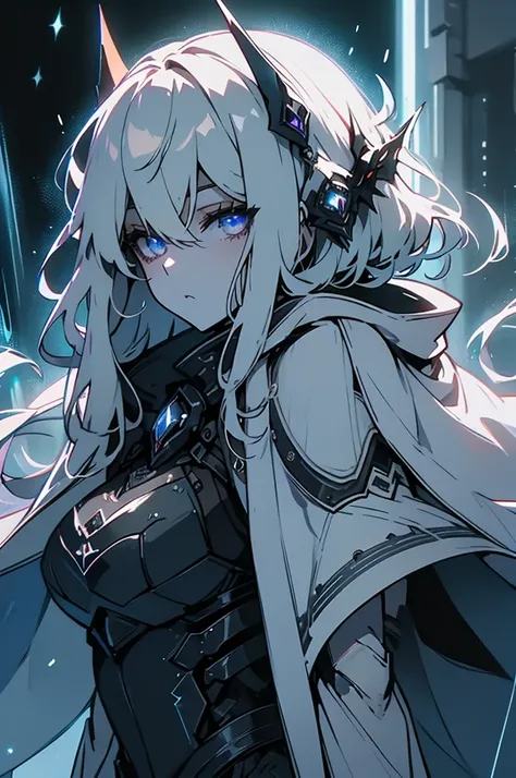 armored girl, grey hood and cape, background dark space battlefield, heavy rain, light silver short hair, blue glowing beautiful eyes, cowboy_shot, blue glowing lined simple armor plate, dark environment, high detailed face, Advance mask, intense war