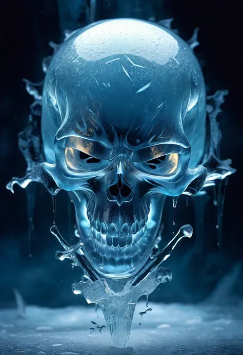 best quality, highres, (ice skull:1.1), (dark, sinister) atmosphere, (detailed, intricate) ice texture, (icy blue, frosty) color palette, (sharp icicles, translucent) skull shape, (eerie, haunting) lighting, (mysterious, foreboding) background, (subtle ref...