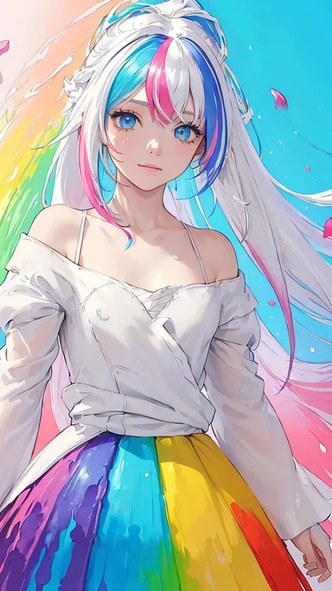 （Pink Fashion T-shirt：1.9），(Colorful hair: 1.8), (all the colours of the rainbow: 1.8),(((((vertical painting：1.6))), （painting：1.6），front, comics, illustrations, paintings, large eyes, crystal clear eyes,（ rainbow color gradient high ponytail：1.7）, exquis...