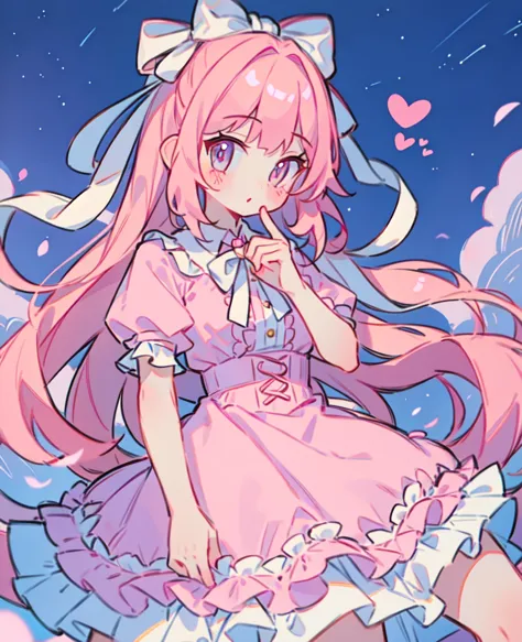 1 girl, pink hair, double tail, pink shirt, fluffy collar, skirt,  heart and your hands, white ribbon on hair, lots of hair acce...