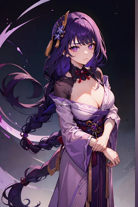 raidenshogun,1girl,mole,braided ponytail,cleavage,standing,long hair, looking at viewer,closed mouth, purple pupils, purple hair, ((sfw)),((purple night gown))