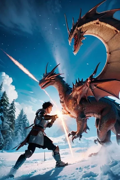 A young knight is fighting a giant dragon that is spitting snowstorms