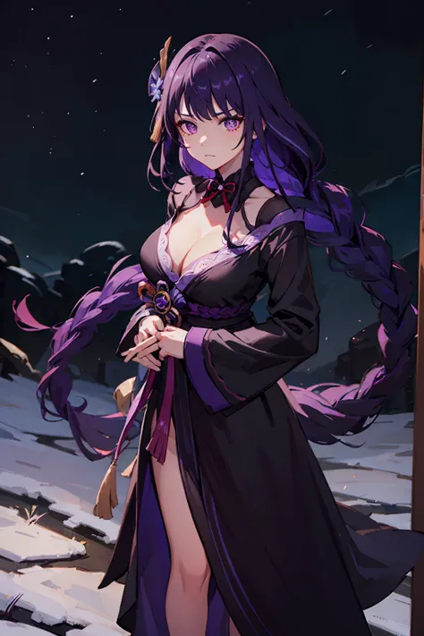 raidenshogun,1girl,mole,braided ponytail,cleavage,standing,long hair, looking at viewer,closed mouth, purple pupils, purple hair, ((sfw)),(((black night gown))), night sky background