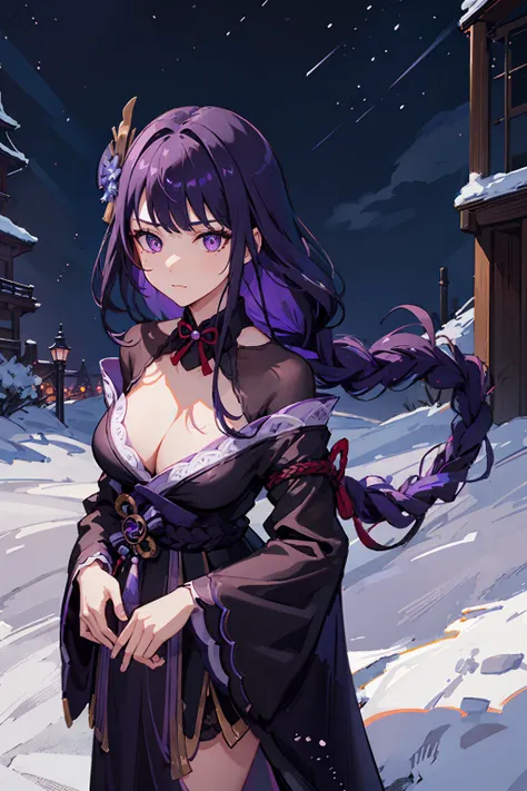 raidenshogun,1girl,mole,braided ponytail,cleavage,standing,long hair, looking at viewer,closed mouth, purple pupils, purple hair, ((sfw)),(((black night gown))), night sky background