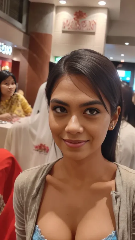 From below, full body shot of a gorgeous Indonesian woman messy hair, age 23, nice hair style, shes a men magazine model, She has a subtle smile and flirts with the camera, (she’s in the crowd of mall), (she’s wears a blouse,  flowers, cleavage), perfect e...