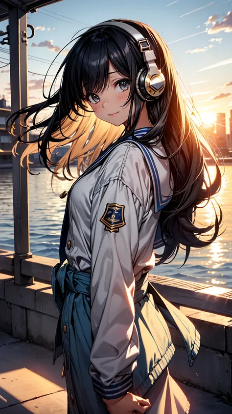 masterpiece, highest quality, Movie stills, One Girl, ,Wearing old headphones、 Floating in the sky, close, bright, Happy, Warm and soft lighting, sunset, (spark:0.7)、Navy blue sailor suit、high school girl、Black Hair