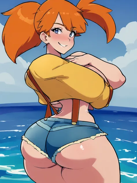 ((masterpiece,best quality)), absurdres,
Misty_Pokemon, yellow crop top, suspenders, side ponytail, orange hair, denim shorts, 
solo, smiling, blushing, looking at viewer, cowboy shot, from behind, 
cinematic composition, contrapposto, 
tropical beach,