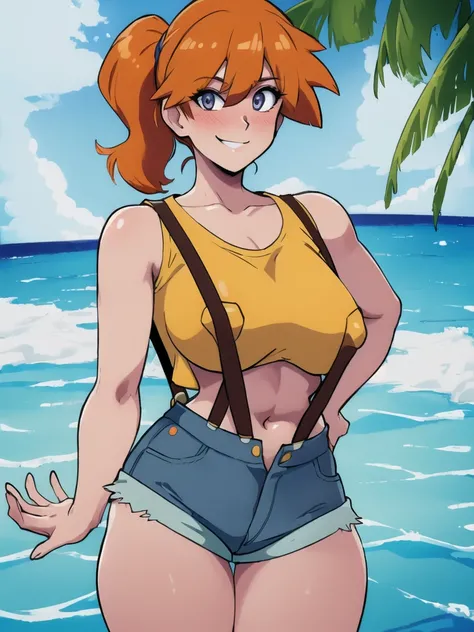 ((masterpiece,best quality)), absurdres,
Misty_Pokemon, yellow crop top, suspenders, side ponytail, orange hair, denim shorts, 
solo, smiling, blushing, looking at viewer, cowboy shot, from behind, 
cinematic composition, contrapposto, 
tropical beach,