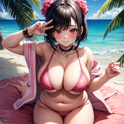 1girl, short length black hair, red eyes, fat breasts, very fat thighs, wearing pink micro bikini, beach paradise, absurdres, high res, ultrasharp, 8K, masterpiece, looking at viewer, smiling, pink choker, blushing, pink bikini, 2hands, 2legs, micro bikini...