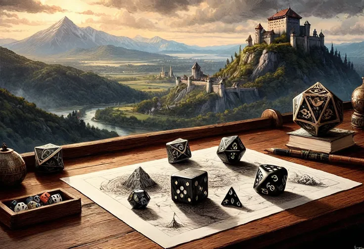 macro photo of octahedral dice resting amidst a rough charcoal sketch, atop an artist's table, scene captured with a view from a...