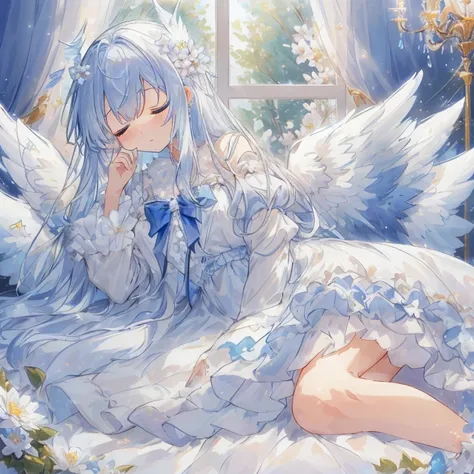 (( Archangel sleeping unprotected in a princess bed )). Full body. Calm sleeping face. A moe anime-style super beautiful girl with large, sparkling blue eyes and a fluffy appearance. She wears a frilly pajama dress in blue and white with many ribbons and s...