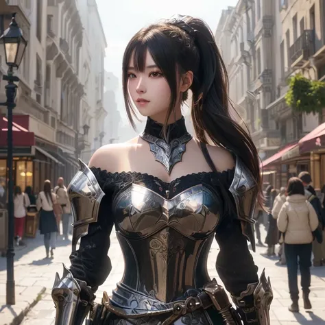 Close-up of a woman in armor on a city street, Fantasy Artwork, Amazing character art, Beautiful female knight, Girl in knight&#39;s armor, Girl in Armor, Magnificent and elaborate character art, of a Beautiful female knight, 3d rendering character art 8k,...