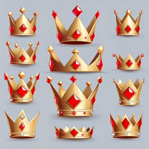 A simple golden magical cartoony crown, simple line art, holding a bright red diamond, various Angles, white background, vector illustration 