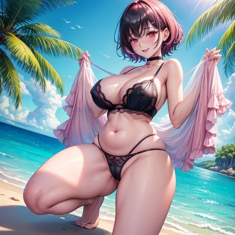 1girl, short length black hair, red eyes, fat breasts, big thighs, wearing lingerie, beach paradise, absurdres, high res, ultrasharp, 8K, masterpiece, looking at viewer, smiling, pink choker, blushing, 2hands, 2legs, skinny stomach, multicolored hair, see ...