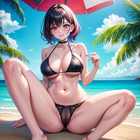 1girl, short length black hair, red eyes, fat breasts, big thighs, wearing lingerie, beach paradise, absurdres, high res, ultrasharp, 8K, masterpiece, looking at viewer, smiling, pink choker, blushing, 2hands, 2legs, skinny stomach, multicolored hair, see ...