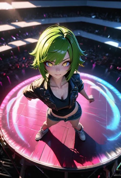 surrealist 3d anime, girl with a microphone in her hands, green hair with neon yellow highlights, brazilpunk, neonpunk, kawaiipunk, wearing an open denim jacket over a black blouse, in short denim shorts, on a concert stage, spotlights colorful surrounding...