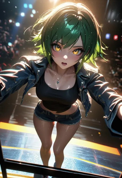 surrealist 3d anime, girl with a microphone in her hands, green hair with neon yellow highlights, brazilpunk, neonpunk, kawaiipunk, wearing an open denim jacket over a black blouse, in short denim shorts, on a concert stage, spotlights colorful surrounding...