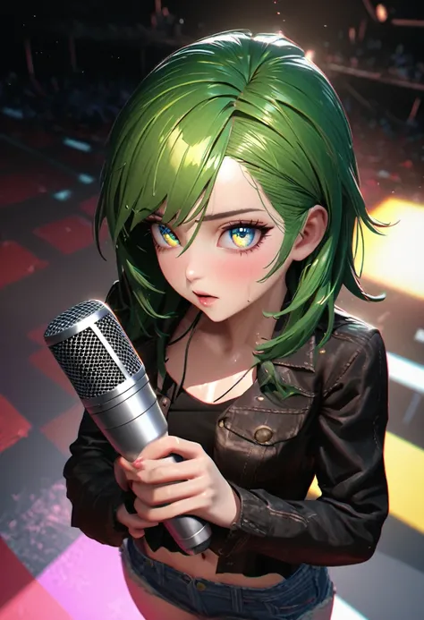 surrealist 3d anime, girl with a microphone in her hands, green hair with neon yellow highlights, brazilpunk, neonpunk, kawaiipunk, wearing an open denim jacket over a black blouse, in short denim shorts, on a concert stage, spotlights colorful surrounding...