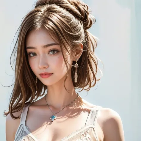 (masterpiece, highest quality, highest quality), (((Perfect body))),Shaggy Hair,Middle Hair,Hair Bun,Light blue hair color,Lace camisole,beautifully,Mysterious:1.2, (One Girl:1.3), Very detailed, Mature Woman,A kind smile, (Mouth closed), (highest qualityの...