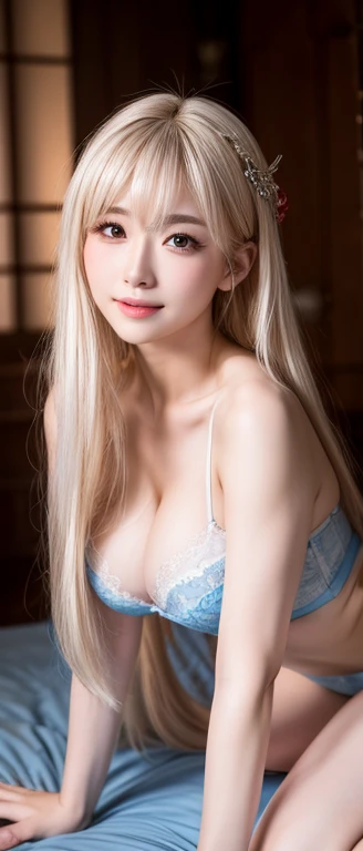 （Rich picture，Masterpiece quality）Exquisite 8K CG works，Goddess-like posture，Kneeling exercise，Thin and soft，Translucent skin，white hair、The beauty of super long hair, Extra long straight hair，Fair and juicy skin，underwear，Point 1.2x enhanced silhouette ef...