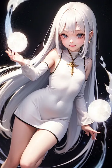 best quality, full body, looking away, double eyelid eyes, big eyes, girl, short nose, plump lips, lip gross, smile, Oracle, smile, white hair, long hair, white light particles, white magical wand, chanting magic, shimmering aura, glowing white runes, whit...