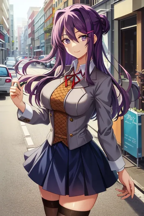 2d, masterpiece, best quality, anime, highly detailed, 1girl, solo, yuri, purple eyes, purple hair, hair between eyes, hairclip, tall, (large breasts:0.8) shy smile, outdoors, , cowboy shot, looking at viewer, street city background